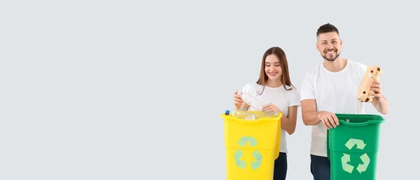 Couple Sorting Garbage Light Background Space Text Concept Recycling — Fotografia de Stock