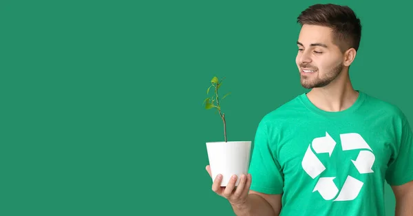 Man Shirt Recycling Sign Plant Green Background Space Text Ecology — Stock Photo, Image