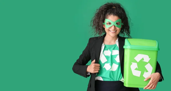 Woman Dressed Eco Superhero Trash Bin Green Background Concept Recycling — Stockfoto