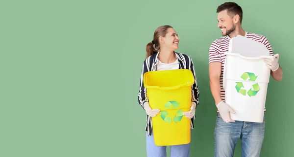 Couple Holding Containers Garbage Green Background Space Text Concept Recycling — Fotografia de Stock
