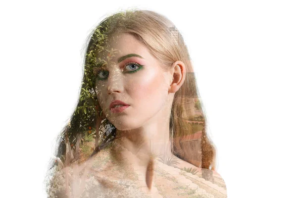 Double Exposure Beautiful Woman Unusual Makeup Tropical Resort White Background — Fotografia de Stock