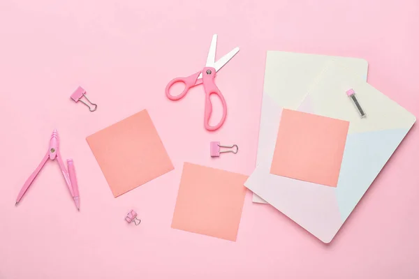 Sticky Notes Notebooks Office Supplies Pink Background — Stock Photo, Image