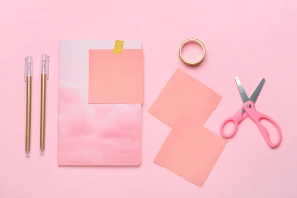 Sticky Notes Notebook Office Supplies Pink Background —  Fotos de Stock
