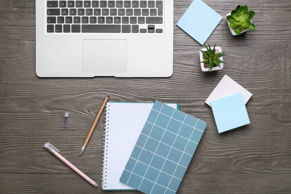 Blank Sticky Notes Notebooks Pens Laptop Houseplants Grey Wooden Background — стоковое фото