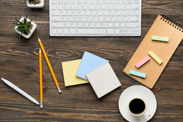 Cup Coffee Blank Sticky Notes Notebook Keyboard Stationery Wooden Table — Stock Photo, Image