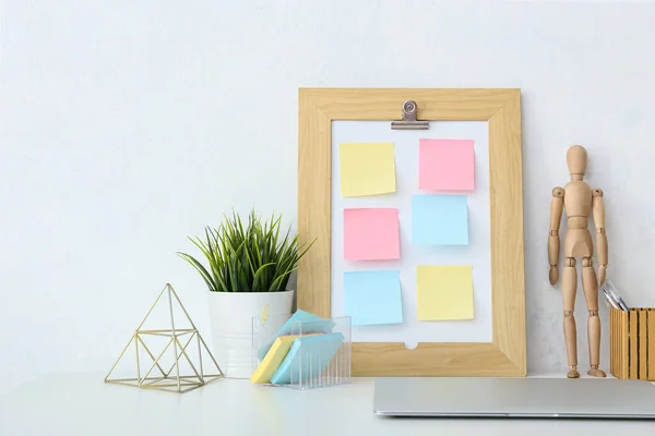 Different Sticky Notes Mood Board Decor Modern Laptop White Table — Stock Photo, Image