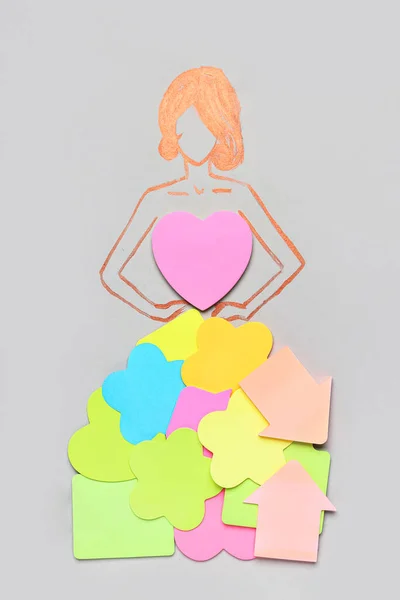 Silhouette Woman Dress Made Sticky Notes Grey Background — Fotografia de Stock