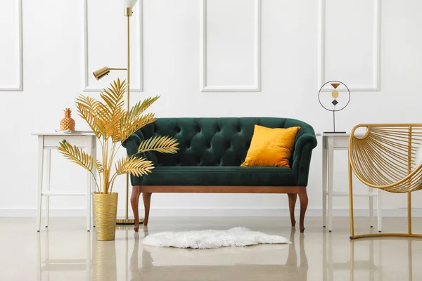 Stylish Sofa Armchair Houseplant Light Wall — Stock Photo, Image