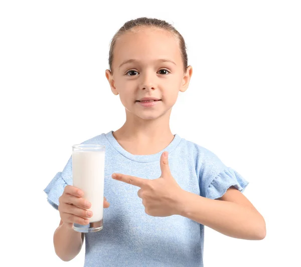 Little Girl Pointing Glass Milk White Background — Stockfoto