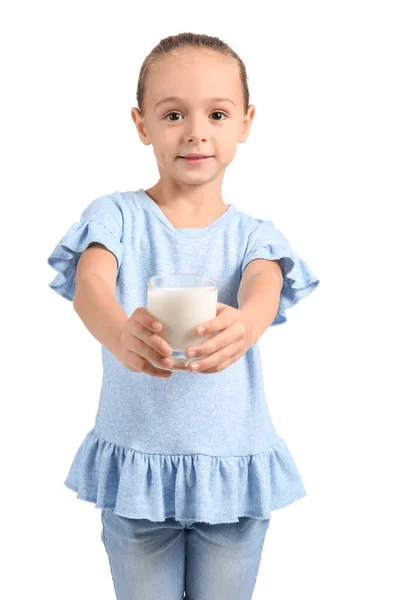 Little Smiling Girl Holding Glass Milk White Background — Zdjęcie stockowe