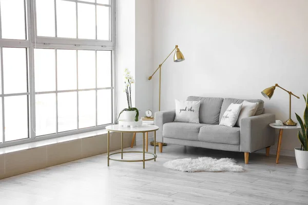 Interior Ruang Tamu Terang Dengan Sofa Nyaman Dekat Dinding Putih — Stok Foto