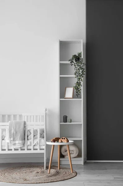 Interior Light Nursery Baby Crib Table Shelving Unit — Stock Photo, Image