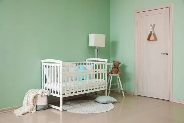 Interior Stylish Nursery Baby Crib Lamp Chair — Stock Photo, Image