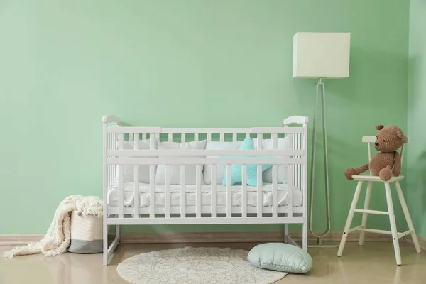 Interior Stylish Nursery Baby Crib Lamp Chair — Stock Photo, Image