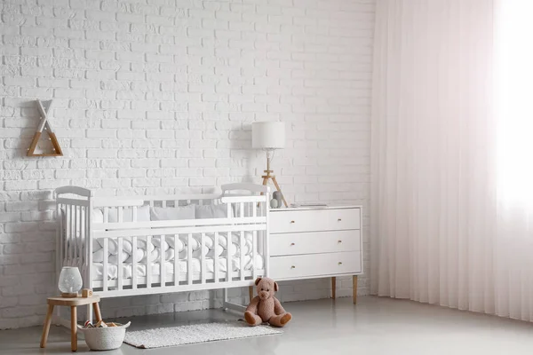 Interior Light Nursery Baby Crib Chest Drawers Toys — Stock Photo, Image