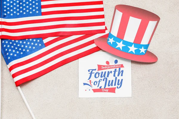 Greeting Card Independence Day Usa Flags Paper Hat Light Background — Stock Photo, Image