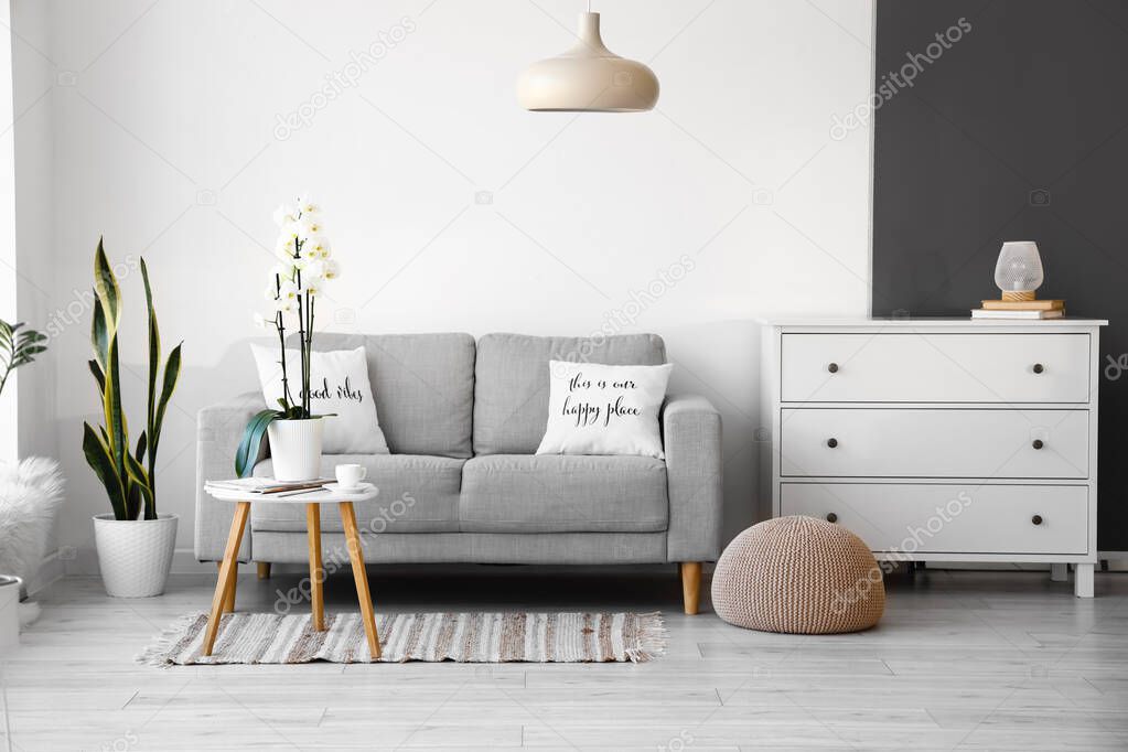 Comfortable sofa and chest of drawers near light wall in room interior