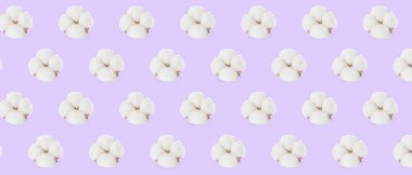 Leylak arka planında bir sürü pamuk çiçeği var. Tasarım için desen