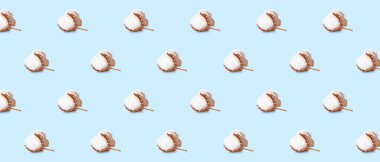 Açık mavi arka planda birçok pamuk çiçeği var. Tasarım için desen