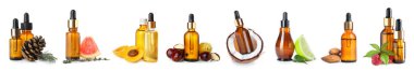Set of different essential oils isolated on white