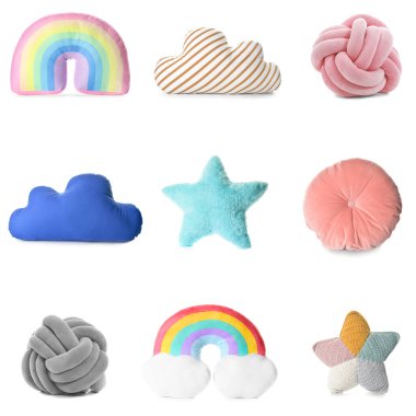 Set of different creative soft pillows on white background
