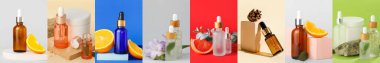 Set of natural essential oils and ingredients on colorful background