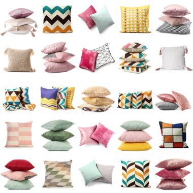 Set of many soft pillows isolated on white 
