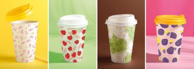 Set of creative paper cups on color background