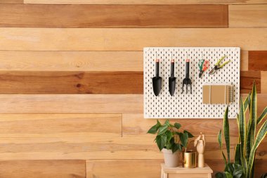 Bahçe aletleri ve tahta duvarda ev bitkileri olan merdiven taburesi.