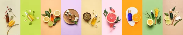 Set Natural Essential Oils Ingredients Colorful Background —  Fotos de Stock