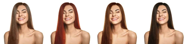 Set Beautiful Young Woman Different Hair Color White Background — Φωτογραφία Αρχείου