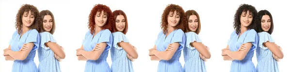 Ensemble Belles Jeunes Femmes Avec Différentes Couleurs Cheveux Sur Fond — Photo