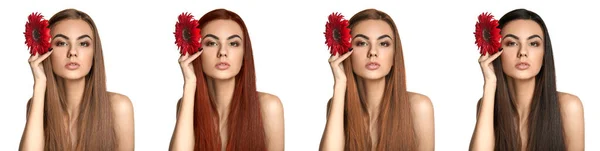 Set Beautiful Young Woman Different Hair Color White Background — Fotografia de Stock