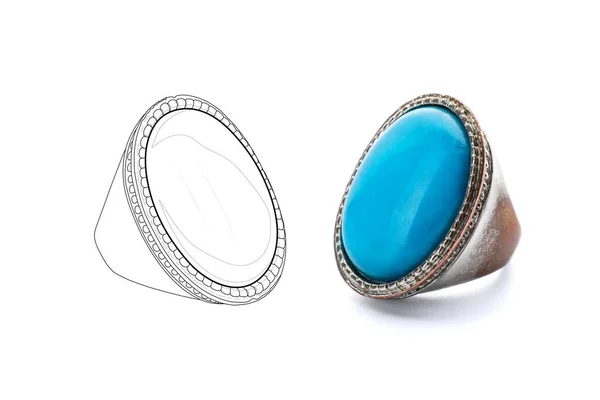 Beautiful Silver Ring Blue Gemstone Its Sketch White Background — Zdjęcie stockowe