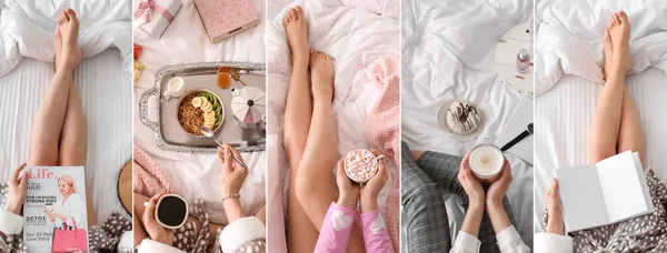 Колаж Красивими Жінками Снідають Ють Напої Читають Ліжку Вид Зверху — стокове фото