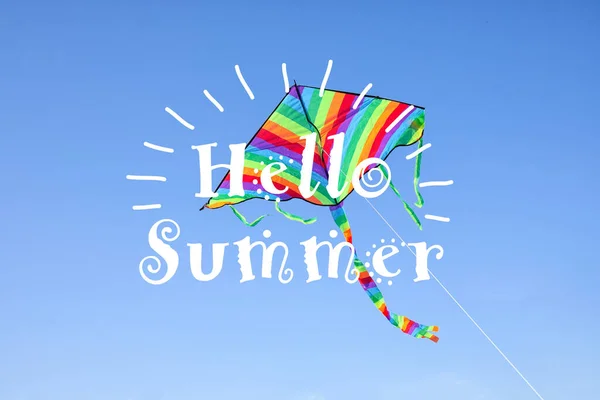 Colorful Kite Flying Blue Sky Hello Summer — 图库照片