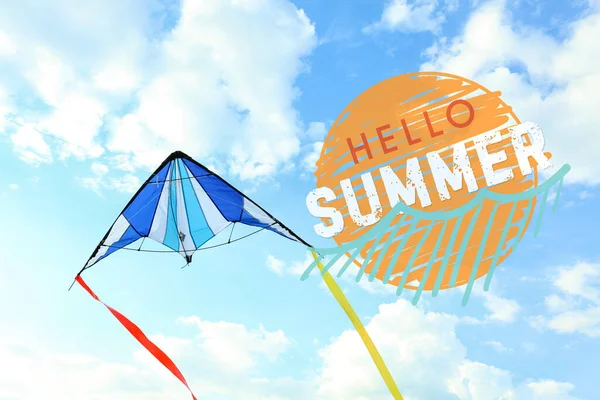 Colorful Kite Flying Blue Sky Hello Summer — Zdjęcie stockowe