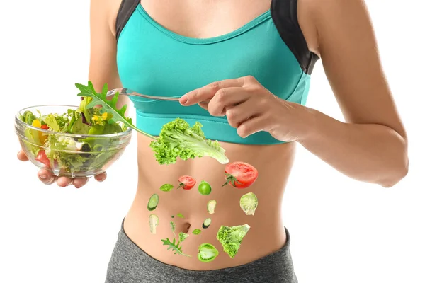 Sportig Ung Kvinna Med Hälsosam Grönsakssallad Vit Bakgrund Begreppet Kost — Stockfoto
