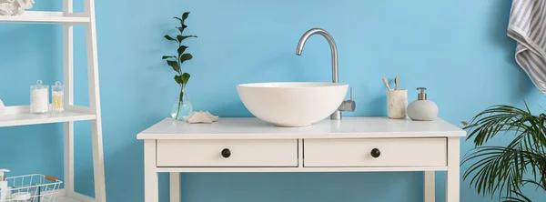 Interior Stylish Bathroom Sink Light Blue Wall — Stok Foto