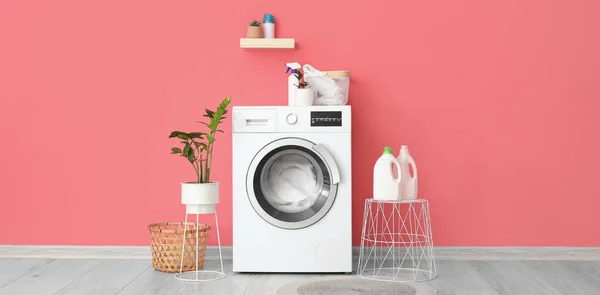 Interior Stylish Laundry Room Modern Washing Machine Pink Wall — Stock Photo, Image