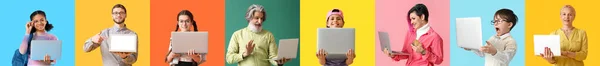 Set Different People Laptops Colorful Background — Stock fotografie
