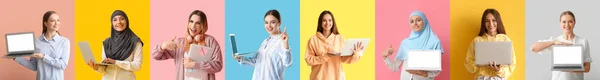 Conjunto Muchas Mujeres Con Computadoras Portátiles Sobre Fondo Colorido —  Fotos de Stock