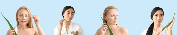 Set Beautiful Women Aloe Vera Light Blue Background Skin Care — Stockfoto