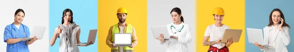 Many People Different Professions Laptops Colorful Background — Stockfoto