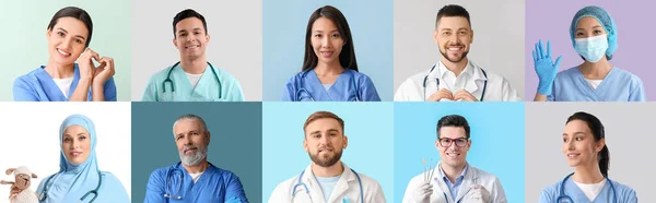 Collage Con Muchos Médicos Sonrientes Sobre Fondo Colorido —  Fotos de Stock