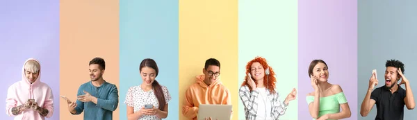 Set Persone Con Gadget Dispositivi Moderni Sfondo Colorato — Foto Stock