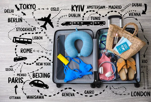 Suitcase Belongings Immune Passport Medical Masks Wooden Floor Travel Covid — Stock Fotó
