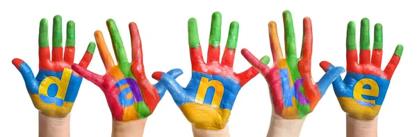 Child Hands Paint Making Word Danke German Thank You White — Foto Stock