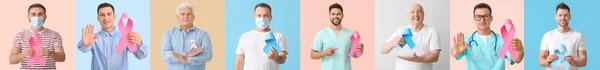 Mężczyźni Niebieskimi Różowymi Wstążkami Kolorowym Tle Pojęcie Raka Piersi Gruczołu — Zdjęcie stockowe