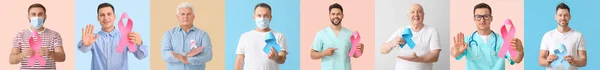 Homens Com Fitas Azuis Rosa Sobre Fundo Colorido Conceito Câncer — Fotografia de Stock